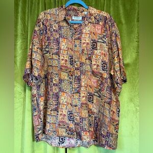 Vintage Men’s Silk Summa Rust Orange Abstract Geometrical Silk Top Large.